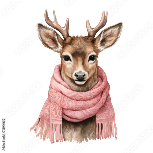 cute reindeer hand drawn and pink scarf