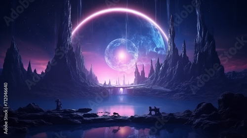 abstract futuristic fantasy night landscape with reflection