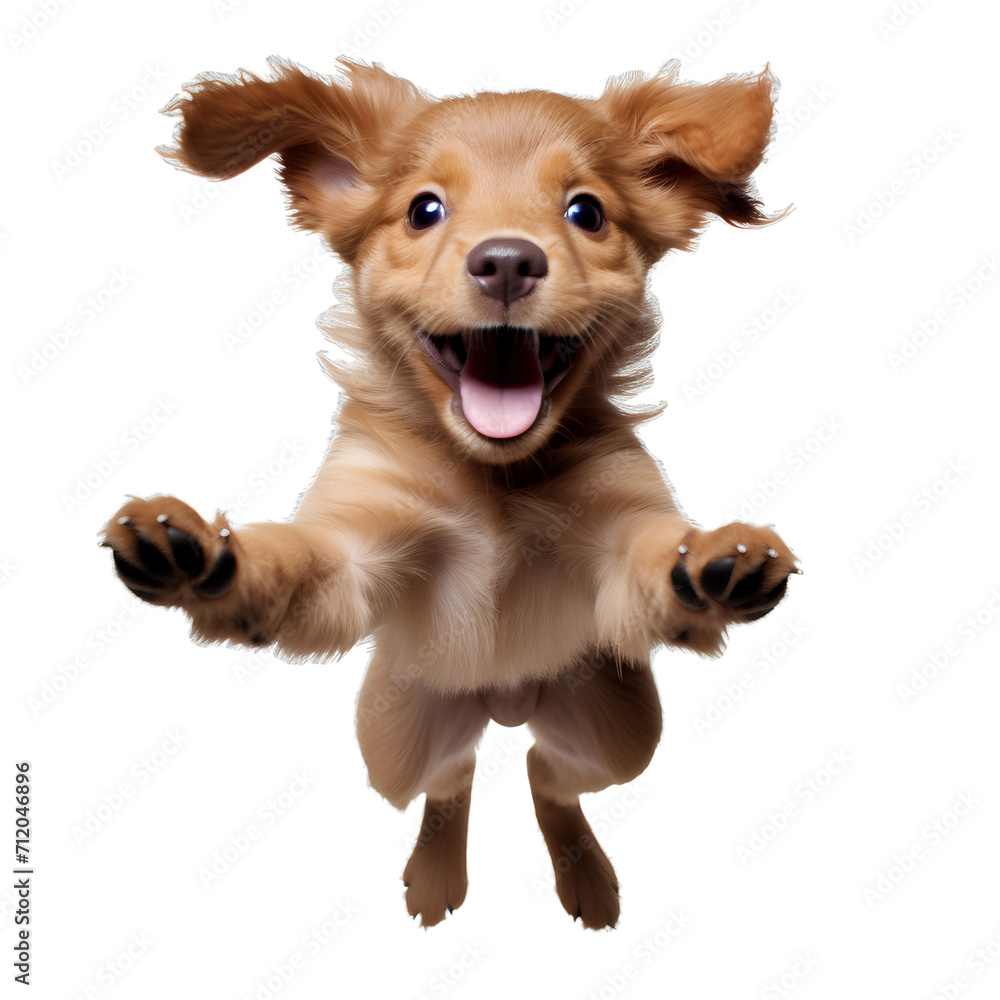 Puppy is jumping for joy, photo, shiny eyes, unpredictable, isolated on transparent background