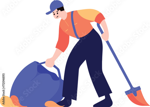 man sweeping garbage in flat style isolated on background