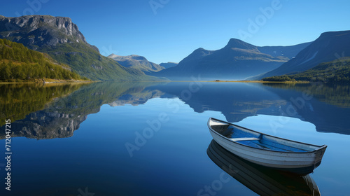 Serene Lake Scene with a Lone Boat, Reflection of Mountains in Still Waters, Tranquil Morning in Nature's Embrace