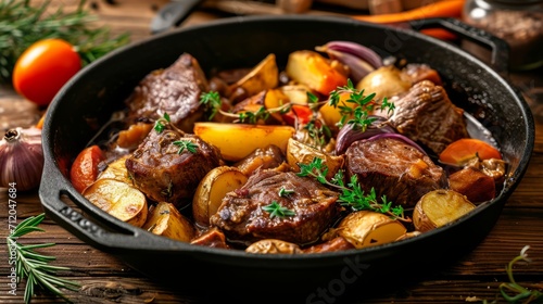 Rustic Feast: Roasted Meat and Vegetables in a Cast Iron Skillet, Savory Comfort Food for the Soul