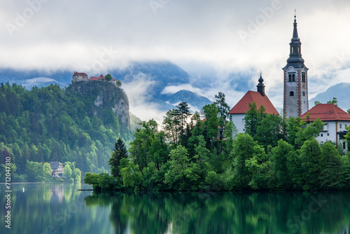 Lake Bled Slovenia with the small island in the middle of the lake and the old church. 