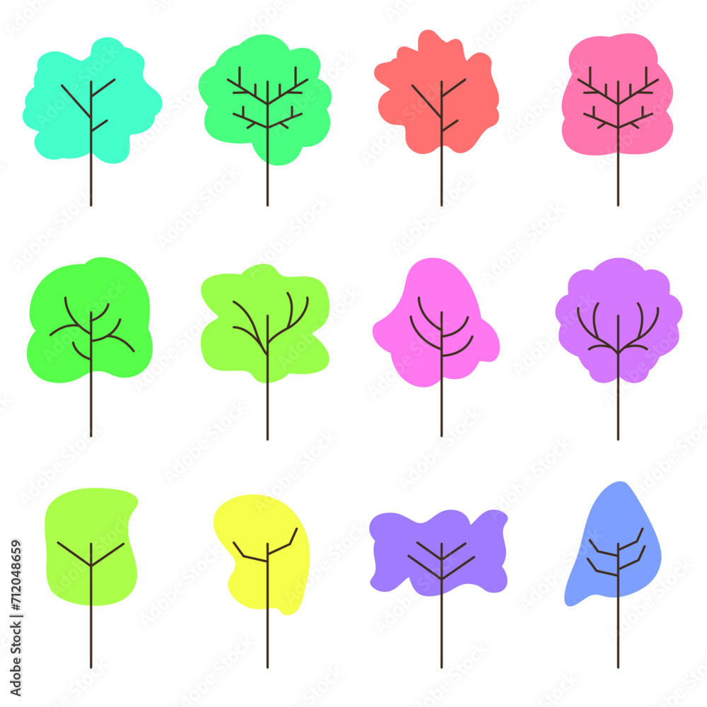 Set of beautiful and colorful unique trees, digital illustration