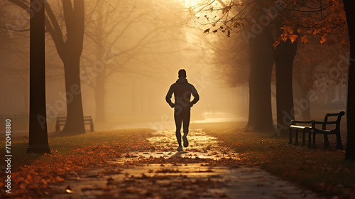 young man running at park during cold autumn morning