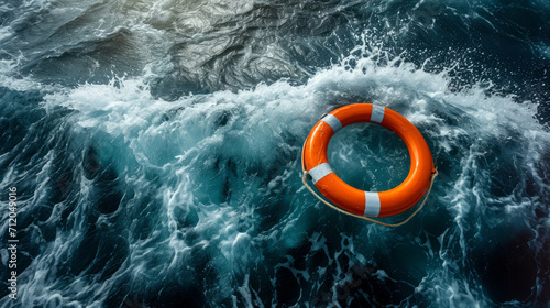 Orange lifebuoy tossed in the turbulent sea waves, a beacon of safety and hope in the maritime distress photo