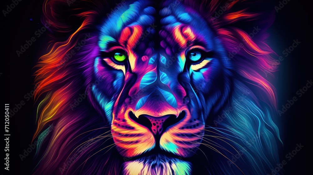 Closeup lion head in colorful neon light Closeup lion head in colorful neon light