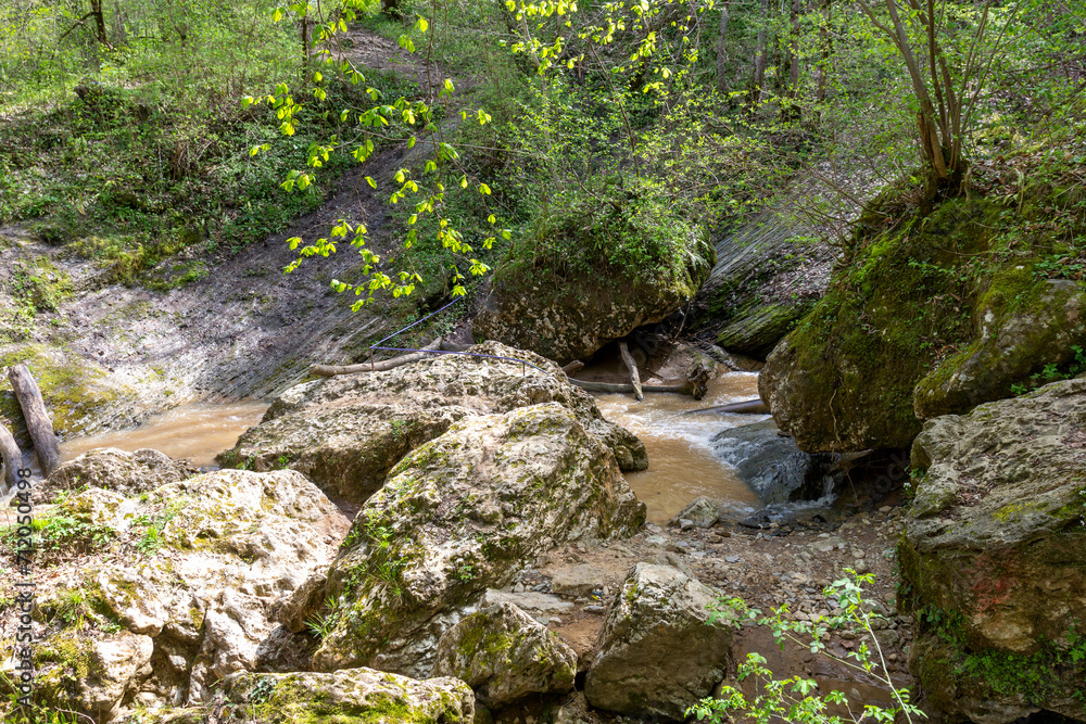 Morning on a mountain river, the unhurried flow of a stream among a stone bed. Morning on a mountain river, the unhurried flow of a stream among a stone bed.