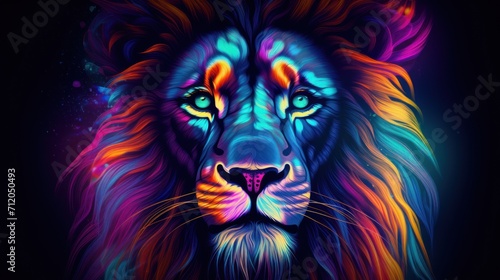 Closeup lion head in colorful neon light