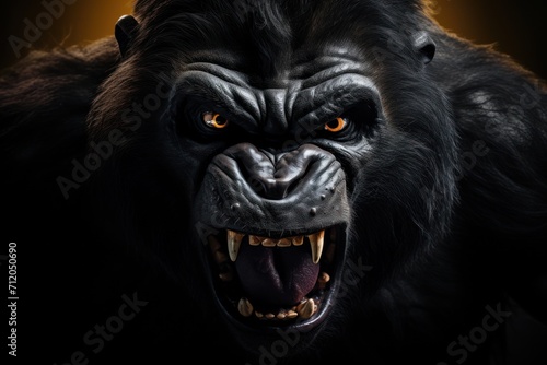 Portrait of a gorilla with angry expression on black background photo