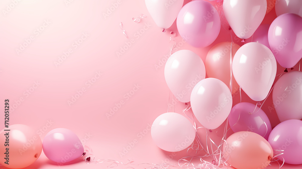 Holiday celebration background with balloons, golden sparkling confetti and ribbons