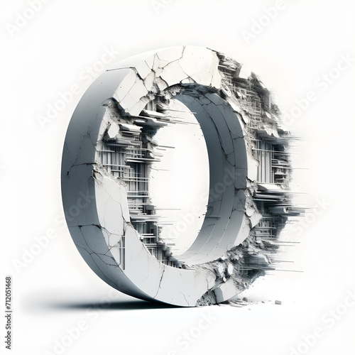 3D letter O construction font with industrial concrete and rubble
