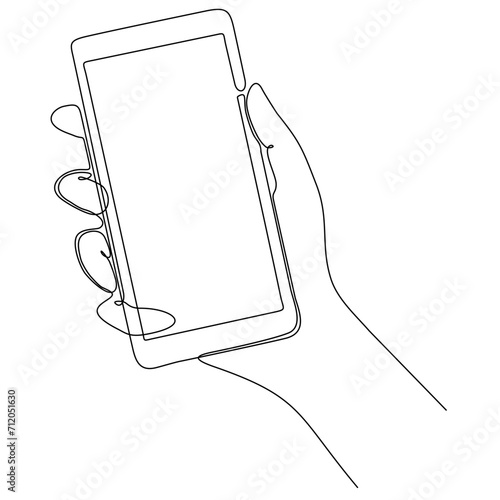 Continuous line drawing of hand typing on mobile isolated on white background. hand holding modern smartphone and pointing with finger