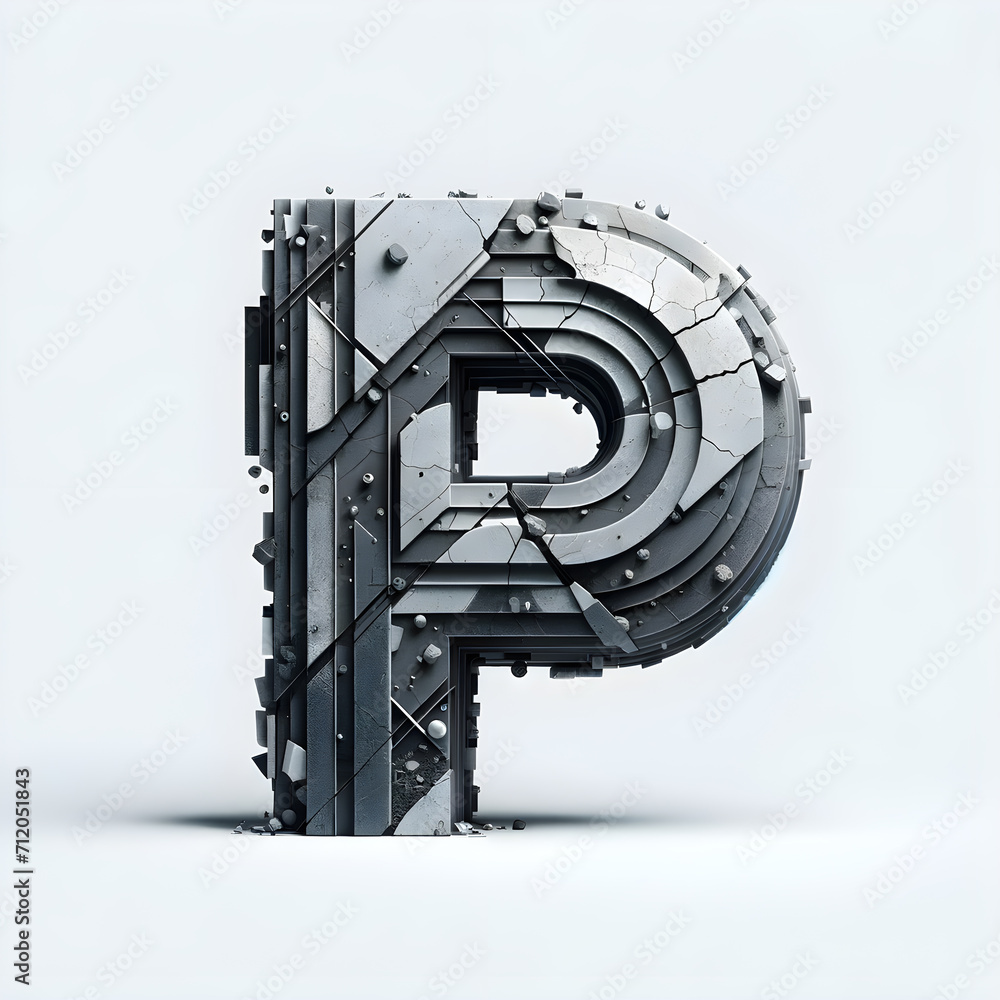 3D letter P construction font with industrial concrete and rubble Stock ...