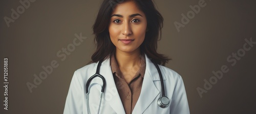 Unrecognizable female doctor with stethoscope in hospital interior, blurred background photo