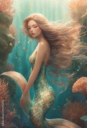 海を泳ぐ人魚のイラスト｜Illustration of a mermaid swimming in the sea. Generative AI