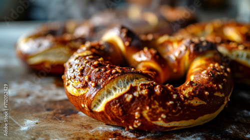 Bavarian pretzels on a rustic wooden table.