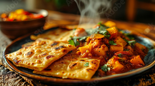 Traditional Indian dish of paneer crepe with vegetables and spices.