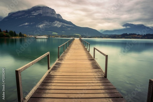 Pier on tranquil lake with stunning mountain view. Generative AI