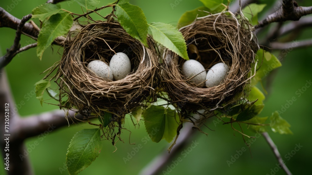bird nest with eggs covered by green leaves on one branch, 16:9 bird nest with eggs covered by green leaves on one branch, 16:9