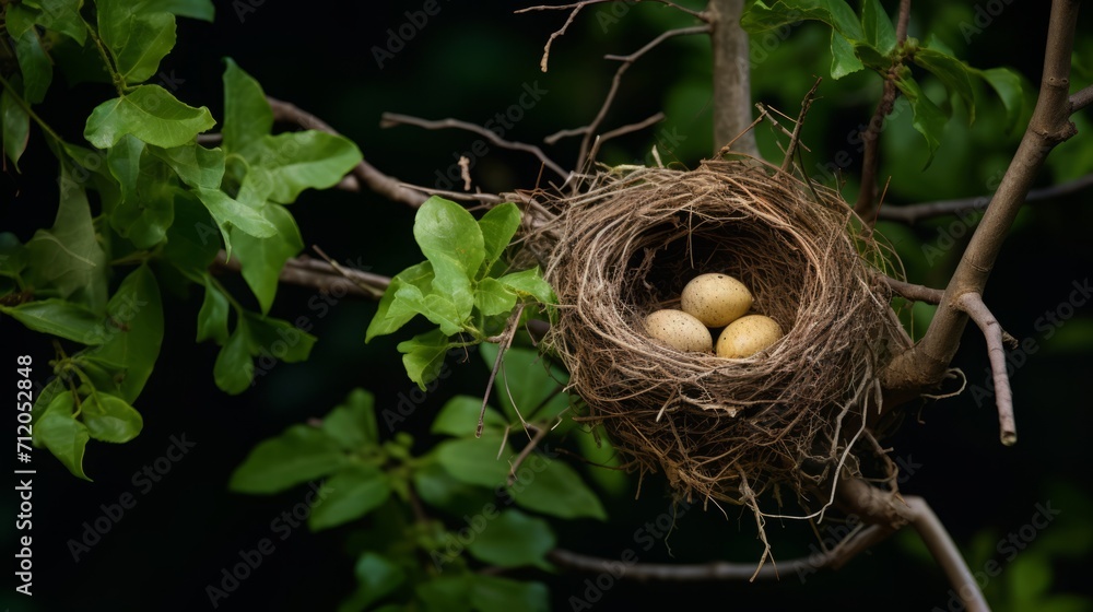 bird nest with eggs covered by green leaves on one branch, 16:9