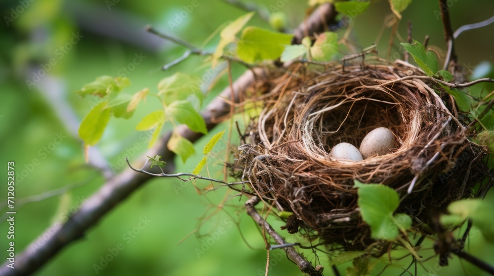 bird nest with eggs covered by green leaves on one branch, 16:9 bird nest with eggs covered by green leaves on one branch, 16:9