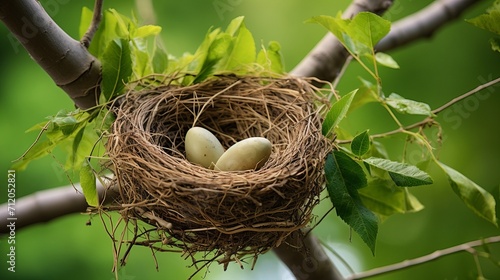 bird nest with eggs covered by green leaves on one branch, 16:9