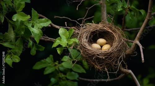 bird nest with eggs covered by green leaves on one branch, 16:9