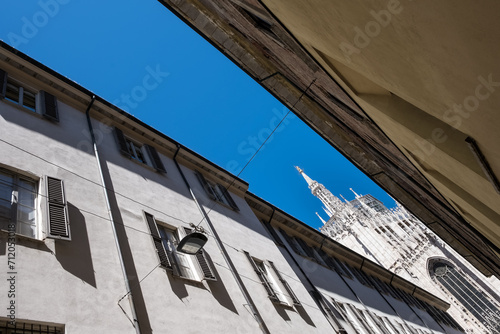 Architectural detail of The Milan Cathedral (Italian, Duomo di Milano), the cathedral church of Milan in Lombardy, Italy. Dedicated to the Nativity of St Mary it is the seat of the Archbishop of Milan