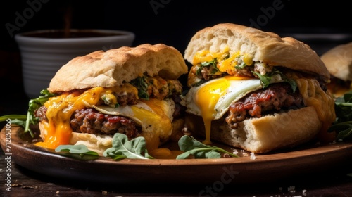 cheesy sausage breakfast sandwiches, made at home, food photography, 16:9