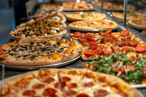A Pizza Buffet with A Various Types of Freshly Baked Pizzas Ready To Be Served