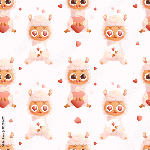 Seamless pattern with enamored Llama alpaca on white background with hearts ang love letter. Romantic valentine backdrop in cartoon style. Vector illustration