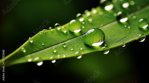 macro photography of a water drop on a leaf, copy space, 16:9