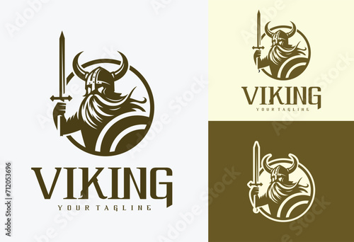 viking with sword and shield logo design vector illustration