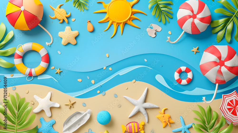 a playful summer vacation banner with cheerful elements like sun, sand, and beach toys