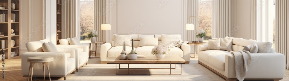 Obraz premium Luxury living room design, bright beige interior apartment, panorama, 3d render, 3d illustration