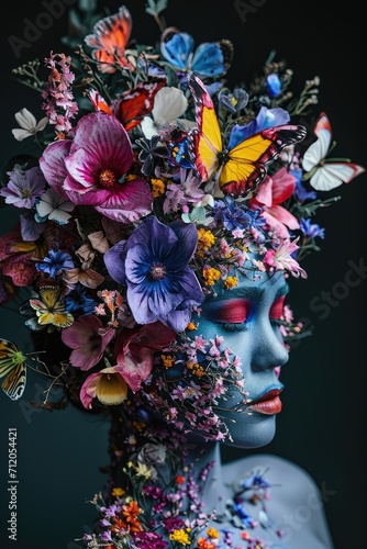 Floral Muse: Colorful Face of Digitally Painted Lady, Made of Flowers Style, Eye-Catching Composition, Artistic Elegance

