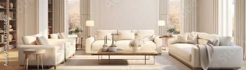 Luxury living room design  bright beige interior apartment  panorama  3d render  3d illustration