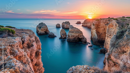 Foto プライア・ド・バジェ・デ・センタネス、ポルトガル南部のアルガルヴェの夕暮れ時の地中海に面した美しい海岸GenerativeAI