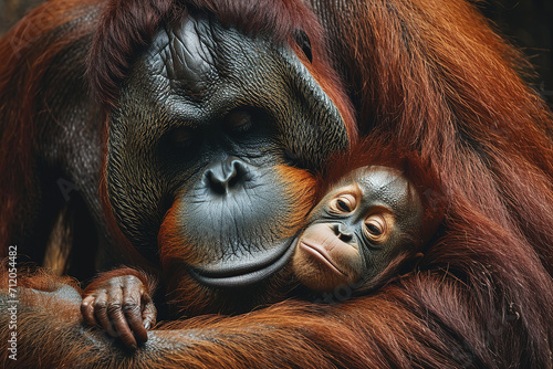 Mother Sumatran orangutan with her cubs