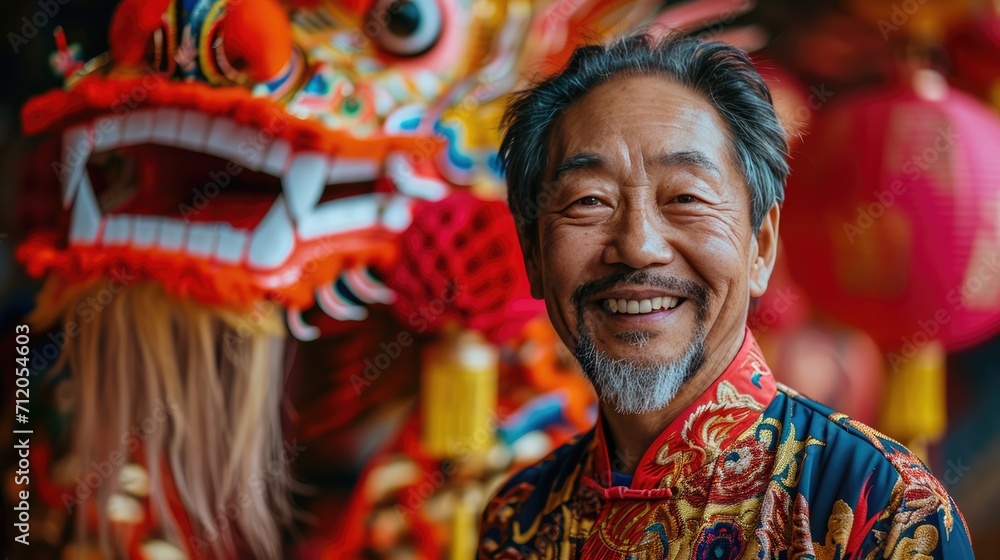 Festive Tradition: Mid-Age Chinese Man in Dragon Year Lunar New Year Celebration, Engaging in Dragon Dance, Cultural Festivities, Joyous Lunar Traditions
