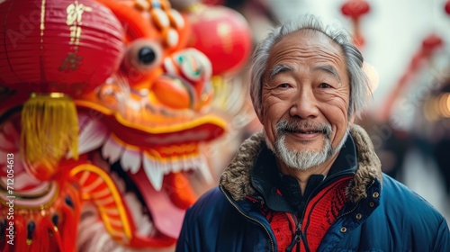 Festive Tradition: Mid-Age Chinese Man in Dragon Year Lunar New Year Celebration, Engaging in Dragon Dance, Cultural Festivities, Joyous Lunar Traditions 