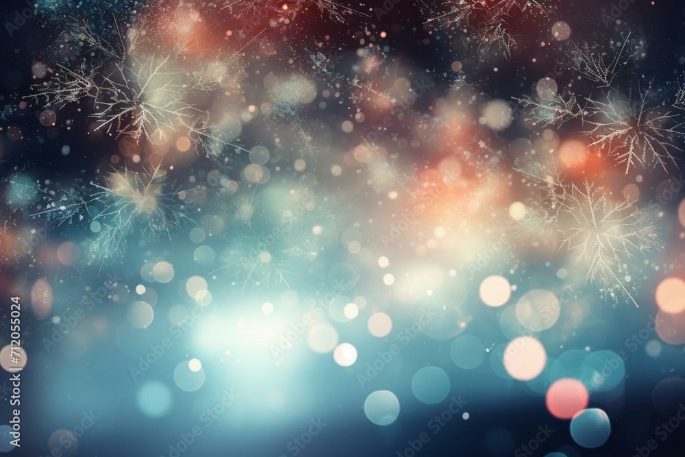 Festive backdrop with blurred lights and shimmering snowflakes. Generative AI