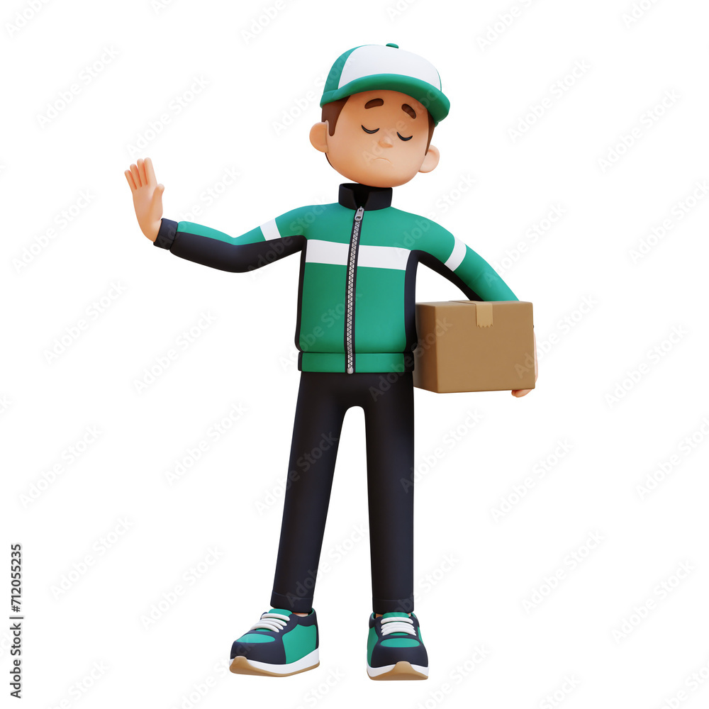 3D Delivery Man Character in Stop Refusal Pose with Parcel Box