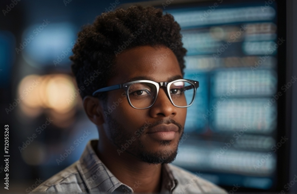 Obraz premium Close Up Portrait of Black Man Working on Computer, Lines of Code Language Reflecting on his Glasses from Generative AI