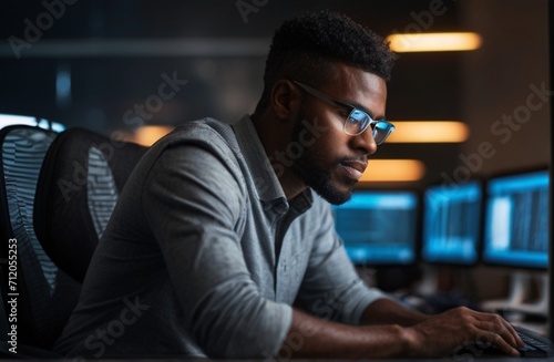Close Up Portrait of Black Man Working on Computer, Lines of Code Language Reflecting on his Glasses from Generative AI