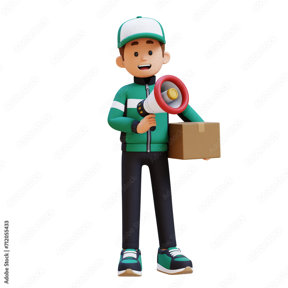 3D Delivery Man Character Holding Megaphone with Parcel Box