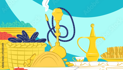 Golden hookah with smoke, traditional tea set, and a basket of tobacco leaves. Middle Eastern relaxation and tea culture concept. Serene, exotic lounge atmosphere vector illustration.