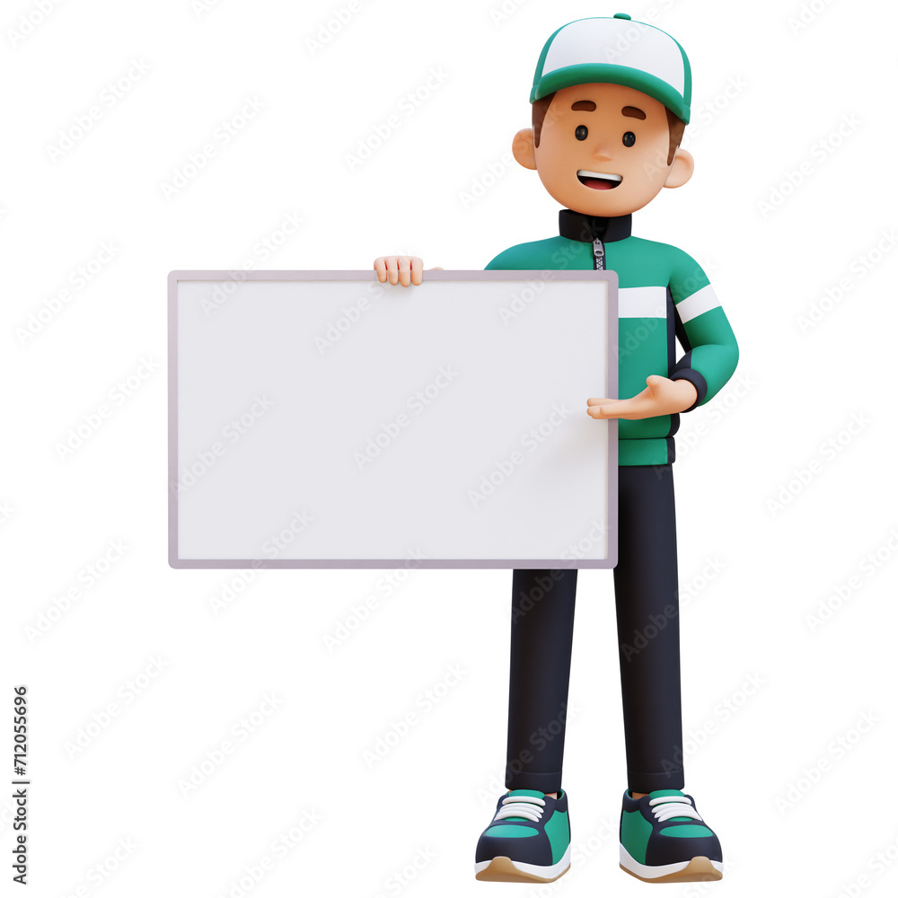 3D Delivery Man Character Presenting on Blank Placard