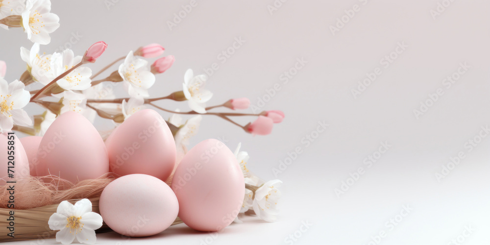 Elegant pink Easter eggs arranged with white spring blossoms against a clean, white background, symbolizing renewal and joy.